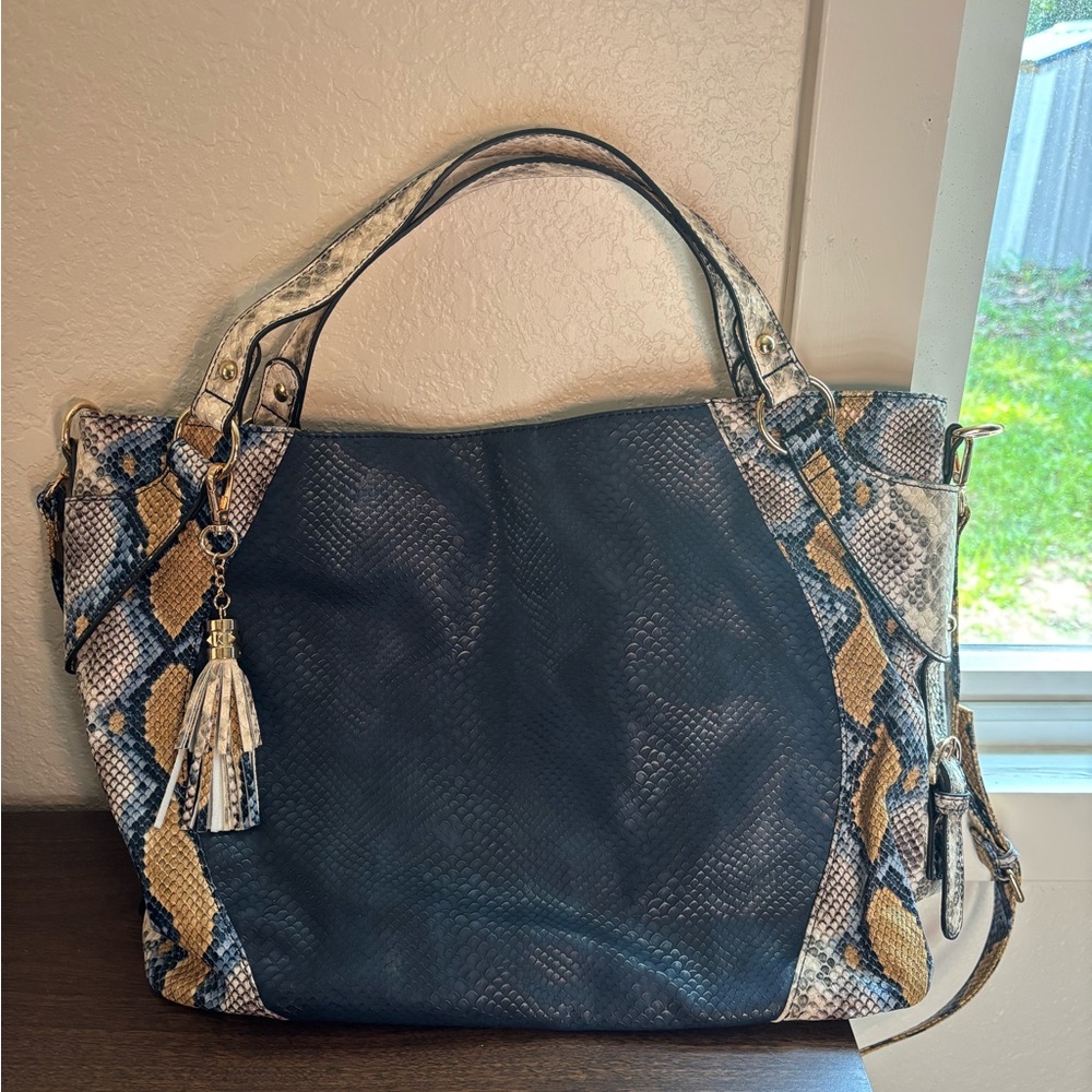 Stylish Blue and Tan Snake Print Women's Bag